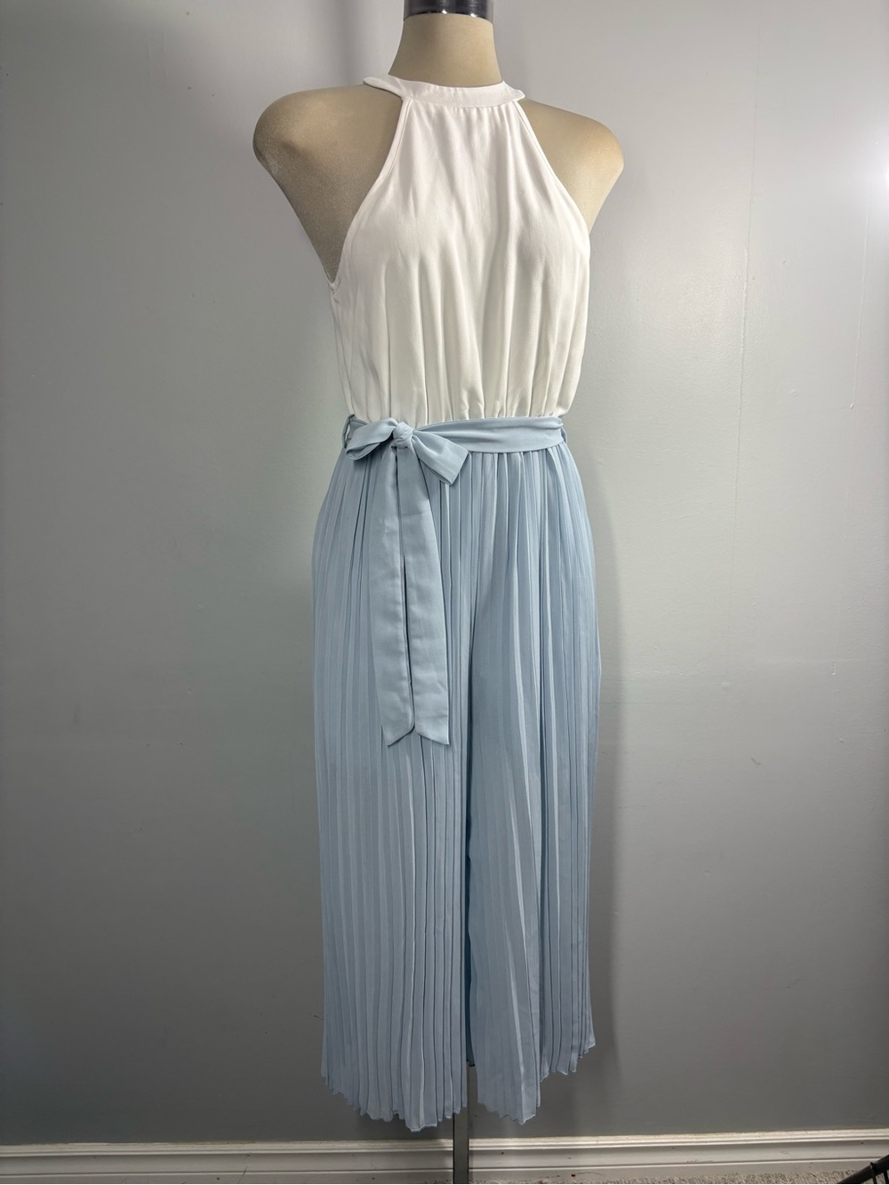 SHEIN White Halter Jumpsuit with Light Blue Pleated Pants